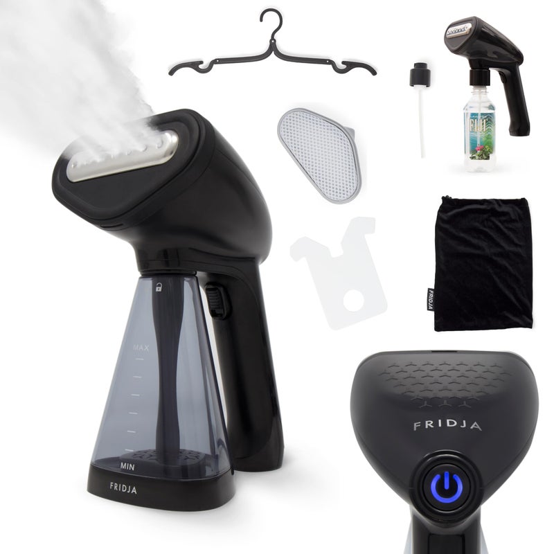 FRIDJA مكواة بخار محمولة فريدجا مطورة 1500 واط مع لوحة تسخين و30 جرام/دقيقة من بخار 260 مل خزان ماء جاهزة في 45 ثانية للاستخدام المنزلي والمكتبي والسفر f10 أسود