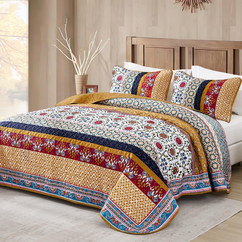 Yiran Boho Quilt Set King Size, Fall Tango Orange Patchwork Bedspreads Bedding Set, Lightweight Bohemia Farmhouse Coverlet Set 110x90 Inch - Image 1