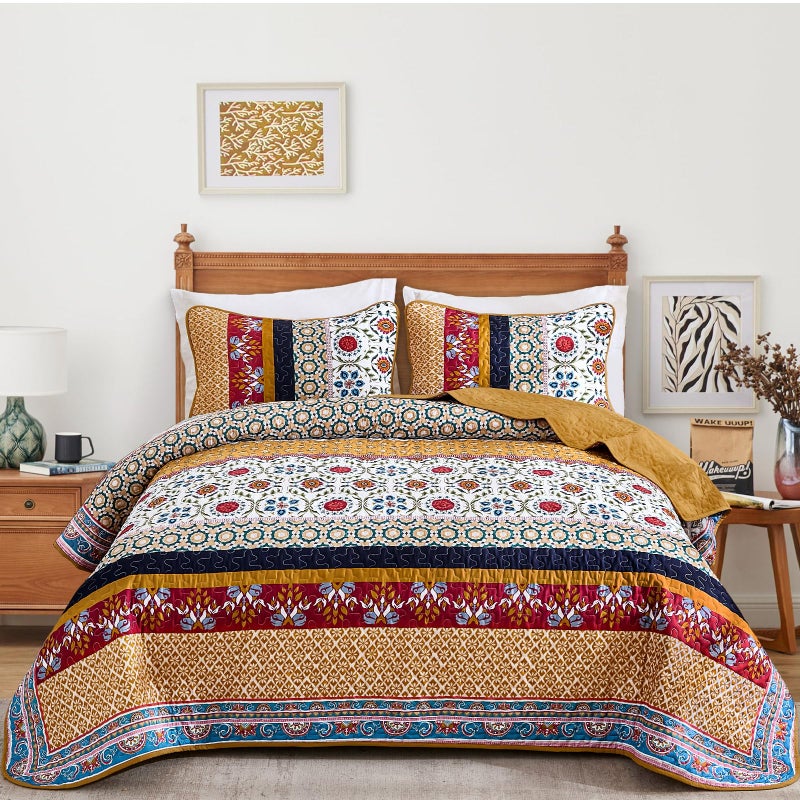Yiran Boho Quilt Set King Size, Fall Tango Orange Patchwork Bedspreads Bedding Set, Lightweight Bohemia Farmhouse Coverlet Set 110x90 Inch - Image 2