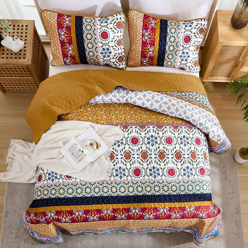 Yiran Boho Quilt Set King Size, Fall Tango Orange Patchwork Bedspreads Bedding Set, Lightweight Bohemia Farmhouse Coverlet Set 110x90 Inch - Image 4