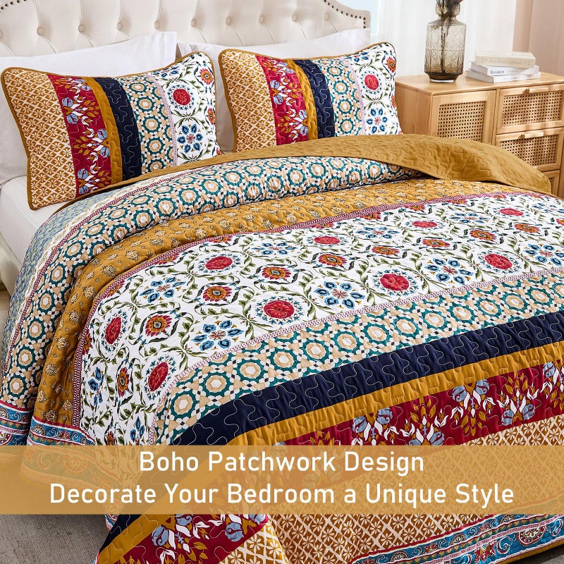 Yiran Boho Quilt Set King Size, Fall Tango Orange Patchwork Bedspreads Bedding Set, Lightweight Bohemia Farmhouse Coverlet Set 110x90 Inch - Image 3