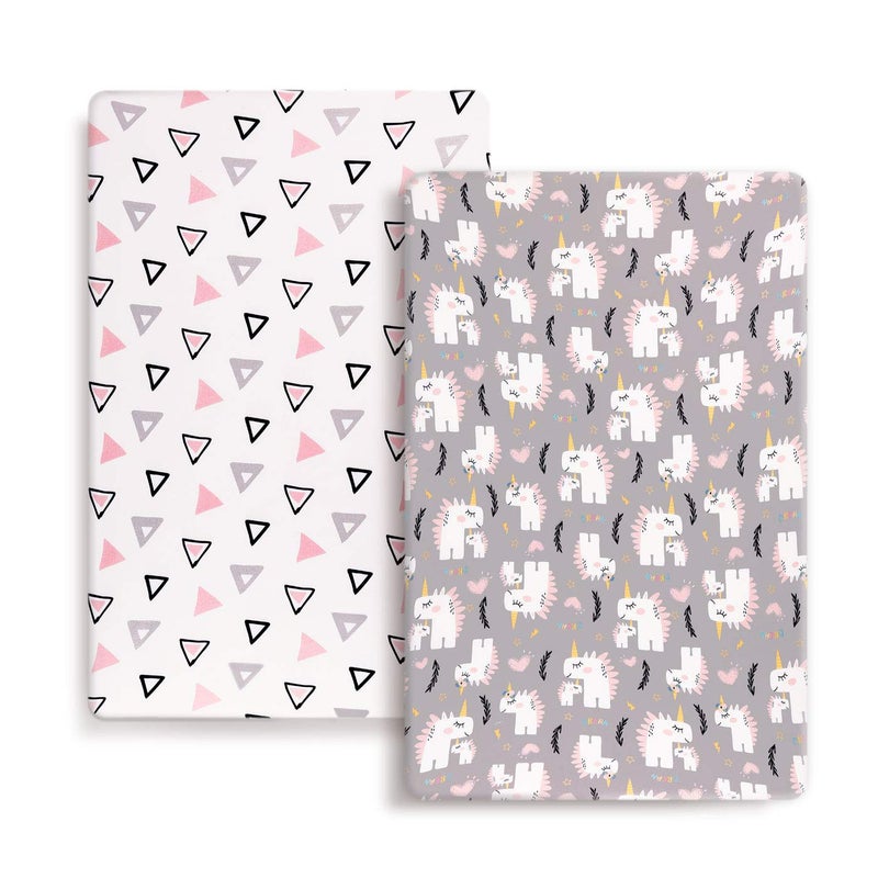 GRSSDER Stretchy Ultra Soft Jersey Knit Fitted Pack n Play Playard Sheets Set 2 Pack, Fits Portable/Mini Cribs Sheets, Playards Mattress Pads, Pink Simple Triangle/Dream Unicorn for Girls - Image 1