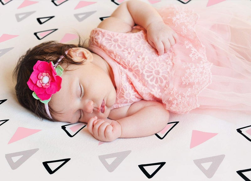 GRSSDER Stretchy Ultra Soft Jersey Knit Fitted Pack n Play Playard Sheets Set 2 Pack, Fits Portable/Mini Cribs Sheets, Playards Mattress Pads, Pink Simple Triangle/Dream Unicorn for Girls - Image 5