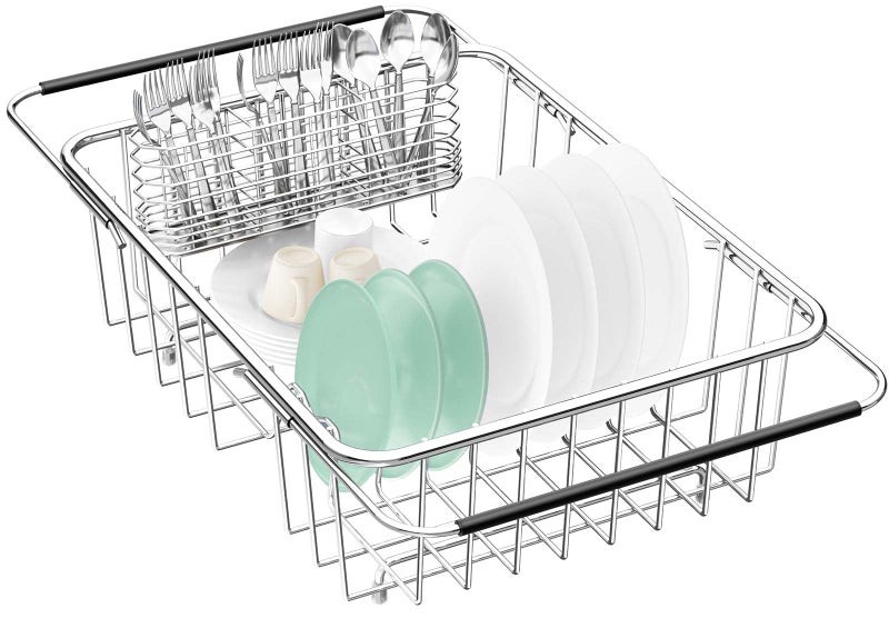 Fanbsy Large Dish Drainer Rack in Sink Adjustable, Expandable 304 Stainless Steel Metal Dish Drying Rack Organizer with Stainless Steel Utensil Holder Over Inside Sink Counter, Rustproof - Image 1