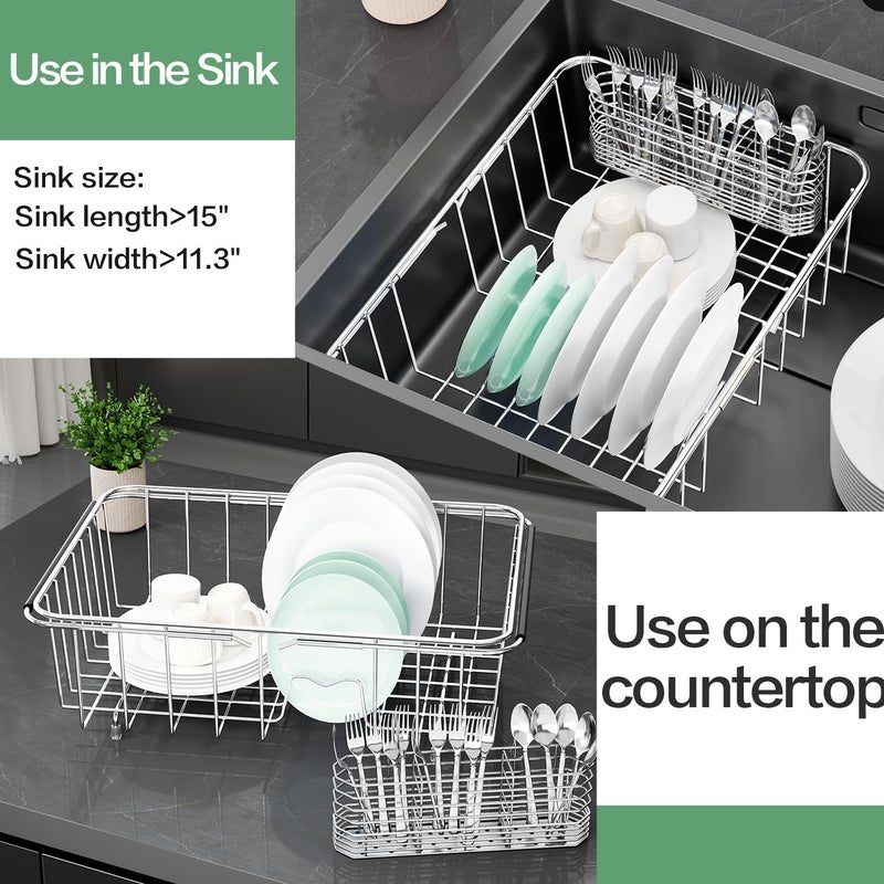 Fanbsy Large Dish Drainer Rack in Sink Adjustable, Expandable 304 Stainless Steel Metal Dish Drying Rack Organizer with Stainless Steel Utensil Holder Over Inside Sink Counter, Rustproof - Image 5