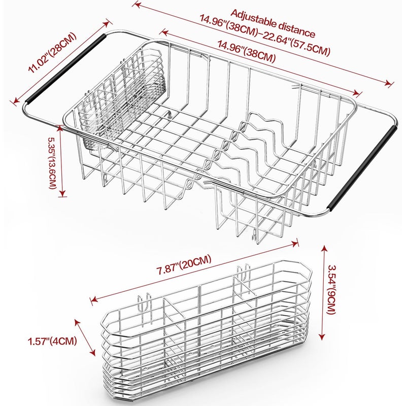 Fanbsy Large Dish Drainer Rack in Sink Adjustable, Expandable 304 Stainless Steel Metal Dish Drying Rack Organizer with Stainless Steel Utensil Holder Over Inside Sink Counter, Rustproof - Image 2