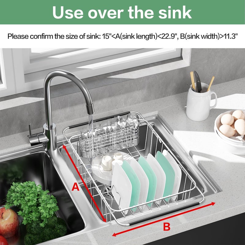 Fanbsy Large Dish Drainer Rack in Sink Adjustable, Expandable 304 Stainless Steel Metal Dish Drying Rack Organizer with Stainless Steel Utensil Holder Over Inside Sink Counter, Rustproof - Image 4