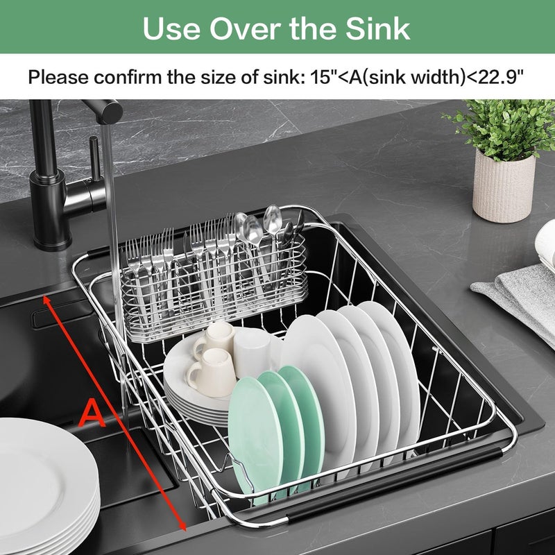 Fanbsy Large Dish Drainer Rack in Sink Adjustable, Expandable 304 Stainless Steel Metal Dish Drying Rack Organizer with Stainless Steel Utensil Holder Over Inside Sink Counter, Rustproof - Image 3