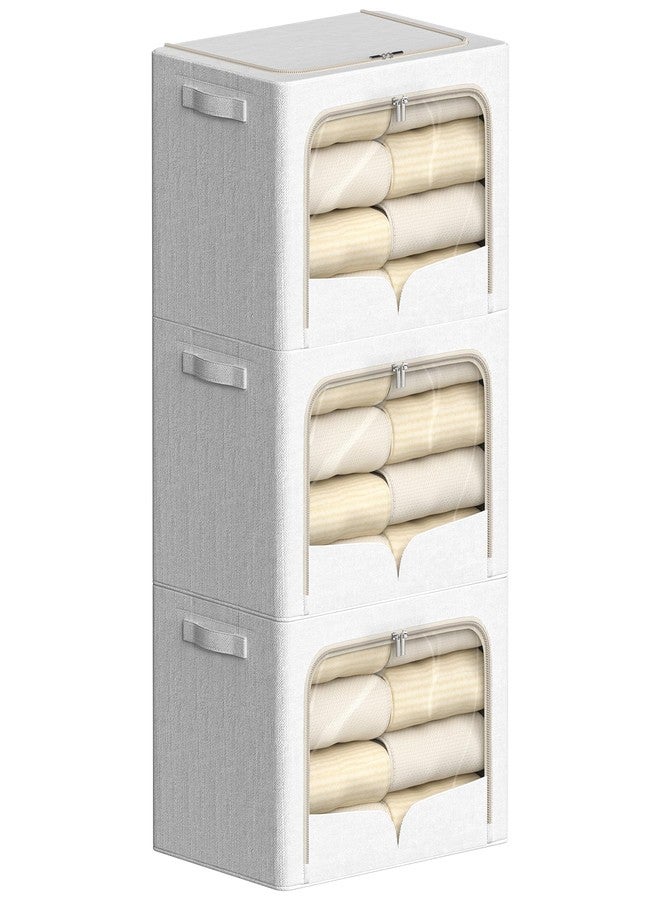 FHSQX 3 Pack Clothes Storage Bins Foldable Metal Frame Storage Box Stackable Linen Fabric Container Organizer Set with Carrying Handles and Clear Window (Cream White, 19.7x15.7x12.6inch(66L)) - Image 1