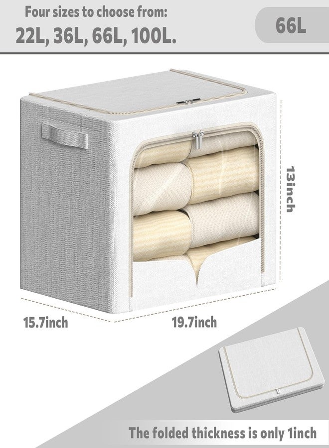 FHSQX 3 Pack Clothes Storage Bins Foldable Metal Frame Storage Box Stackable Linen Fabric Container Organizer Set with Carrying Handles and Clear Window (Cream White, 19.7x15.7x12.6inch(66L)) - Image 4