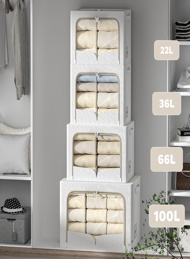 FHSQX 3 Pack Clothes Storage Bins Foldable Metal Frame Storage Box Stackable Linen Fabric Container Organizer Set with Carrying Handles and Clear Window (Cream White, 19.7x15.7x12.6inch(66L)) - Image 2