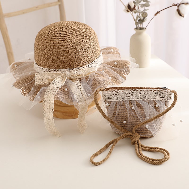 23 Baby Girls Sunshade Hat Summer Thin Girls Sunscreen Hat Sun Hat Beach Princess Childrens Straw HatD-576 Pearl Coffee D-576 Pearl Coffee