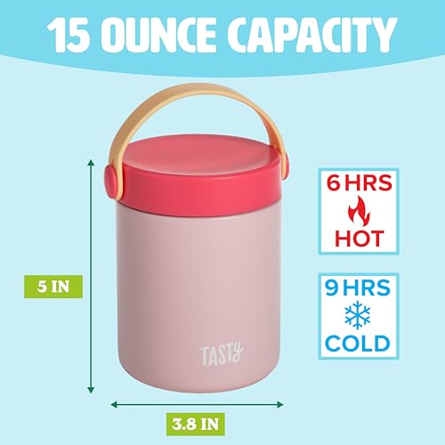 Tasty Food Jar with Folding Handle, Portable Snack Travel or Lunch Container, Stainless Steel Insulated Vacuum with Leak-Proof Lid, Keeps Food Hot or Cold for Hours, 15-Ounce, Pink - Image 3