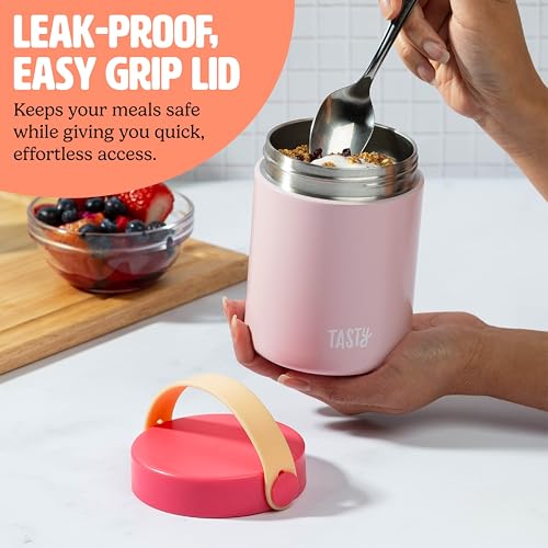 Tasty Food Jar with Folding Handle, Portable Snack Travel or Lunch Container, Stainless Steel Insulated Vacuum with Leak-Proof Lid, Keeps Food Hot or Cold for Hours, 15-Ounce, Pink - Image 4