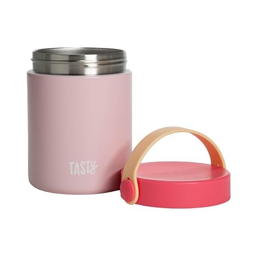 Tasty Food Jar with Folding Handle, Portable Snack Travel or Lunch Container, Stainless Steel Insulated Vacuum with Leak-Proof Lid, Keeps Food Hot or Cold for Hours, 15-Ounce, Pink - Image 1