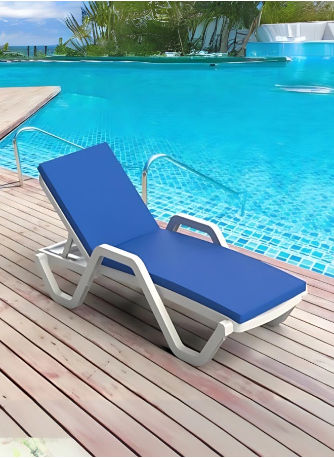 Marcolo Sun Lounger with Wheels | Heavy-Duty Plastic | All-Weather, UV-Resistant, Ergonomic Reclining Chair for Outdoor Use at Beaches, Pools, and Resorts, White (With-Arms With Blue Cushion)  - Image 1
