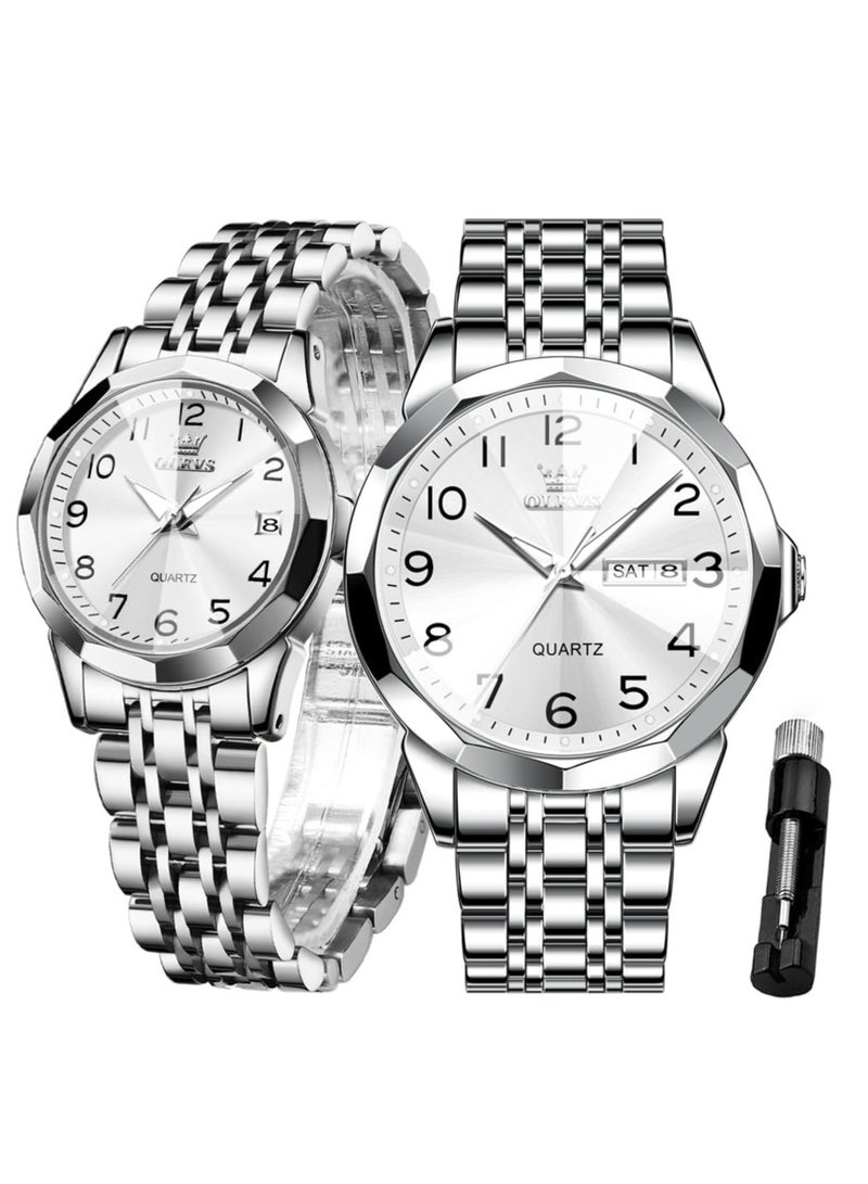 OLEVS Valentine's Romantic Couple Watches His and Hers Ultrathin Classic Quartz Analog Wrist Watches Gifts Set for Lovers Set of Two Quartz Watch Stainless Steel Waterproof Date Watches - Image 1