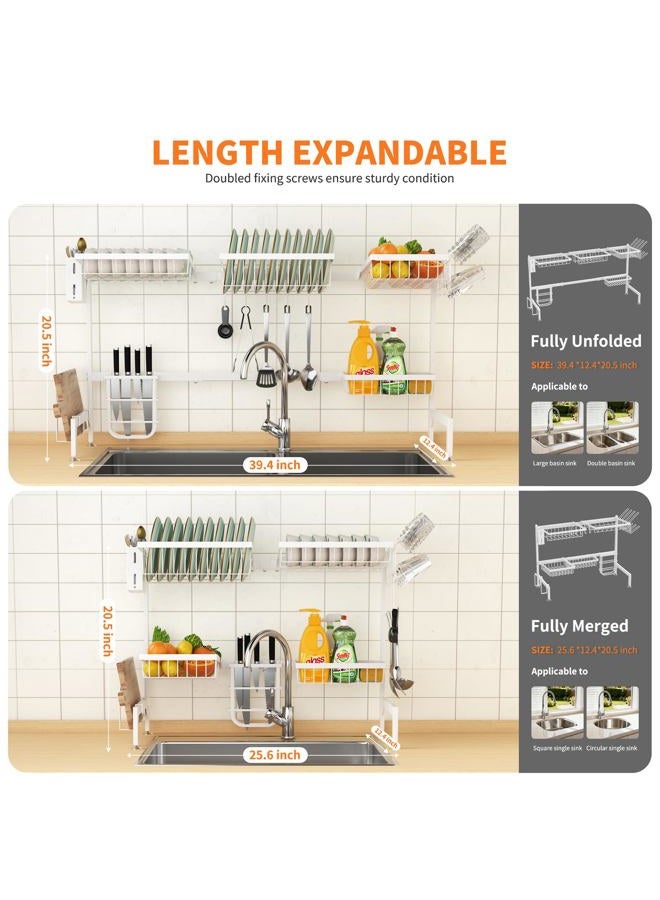 HOTEAGLE Dish Drying Rack for Kitchen Counter 2 Tier Expandable Over Sink Dish Rack, 25.6"-33.5" L x 12.4" W x 20.5" H, White - Image 2
