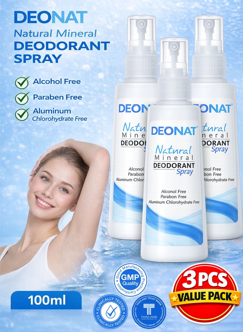 DEONAT Pack of 3 DEONAT Natural Mineral Deodorant Spray 100ml Each Alum Deodorant Body Odor Control Anti Odor Bacteriostatic Protection Eliminates Odor Causing Bacteria Long Lasting Freshness Non Sticky Quick Dry Lightweight Underarm Deodorant Spray for Men and Women Value Pack Daily Use - Image 1
