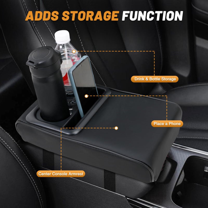 Tongze Car Center Console Armrest with Cup Holder & Phone Holder, Leather Arm Pillow Cushion Universally Works on Consoles Open Upward - Image 4