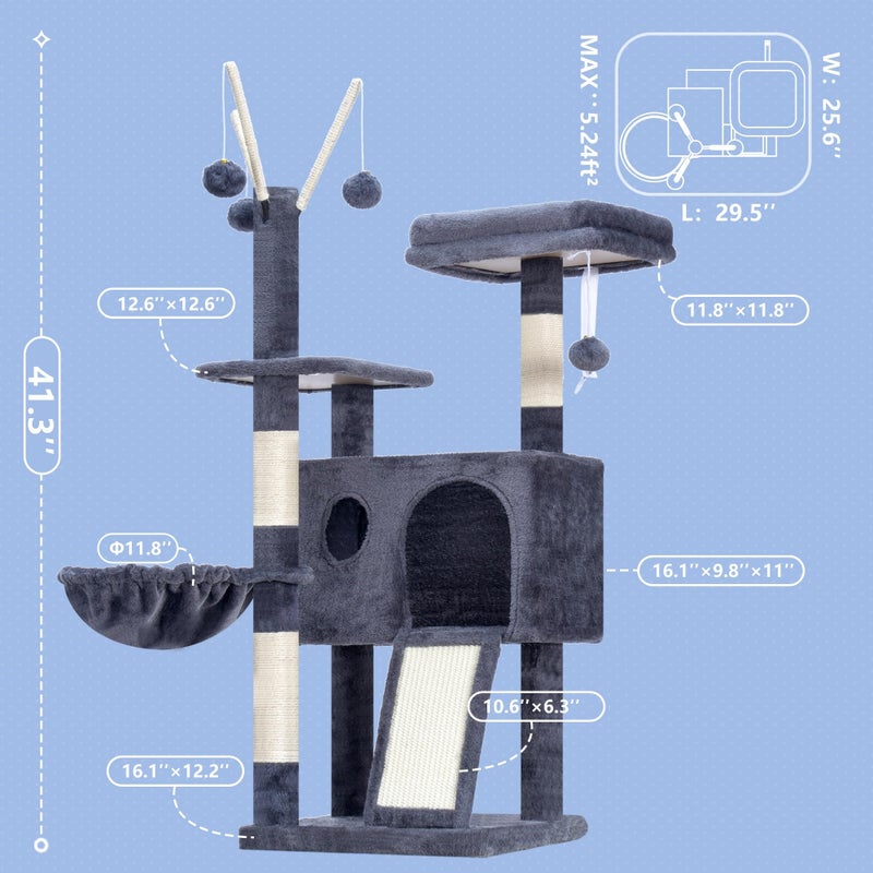 Hey-brother Cat Tree Tower, Scratching Posts with Removable Toys, Cozy Condo, Platform, Hammock, Sisal Scratch Board and Ball for Indoor Kittens, 41.3 Inches, Smoky Gray MPJ008SG - Image 2