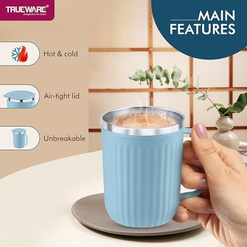 Trueware Frost Unbreakable Mugs With Cap Stainless Steel Plastic Covered Travel Mug With Lid For Tea, Coffee, Milk, 400 ml - Image 4