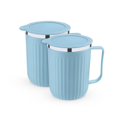 Trueware Frost Unbreakable Mugs With Cap Stainless Steel Plastic Covered Travel Mug With Lid For Tea, Coffee, Milk, 400 ml - Image 1