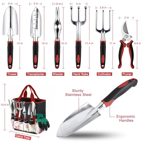 Tudoccy Garden Tools Set, 30 Piece Stainless Steel Gardening Kit with Vintage Floral Tote Bag, Non-Slip Ergonomic Rubber Handle, Ideal Gift for Women & Beginners, for Succulent, Home Garden, Mothers Day Gifts - Image 4