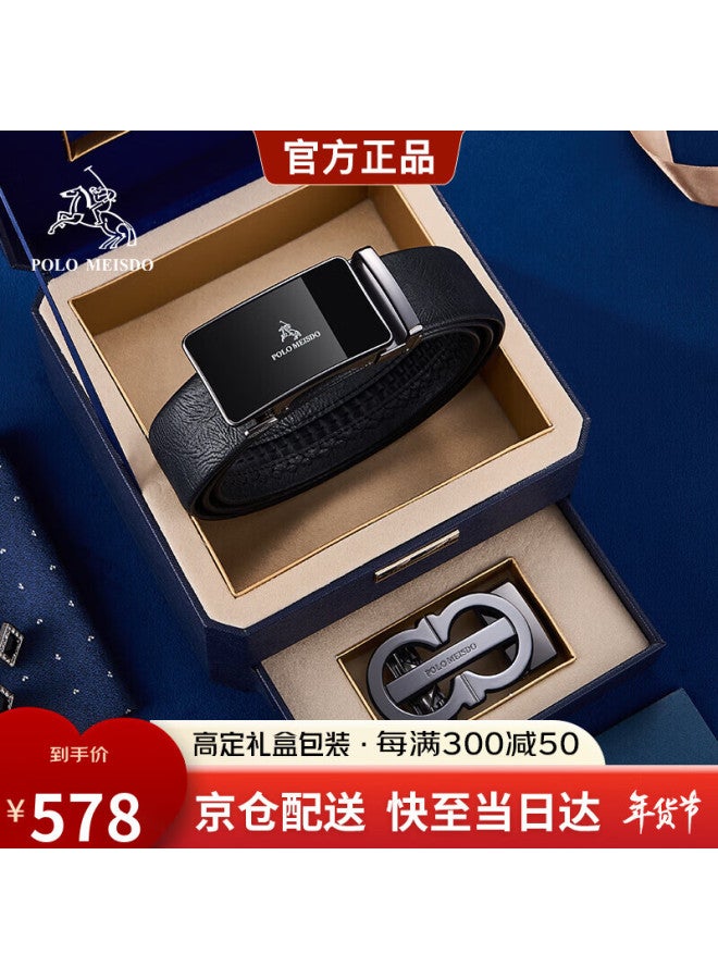 Polomeisdo Men's Genuine Leather Automatic Buckle Belt Double Buckle Gift Box New Year Gift For Boyfriend Husband Father - Image 1