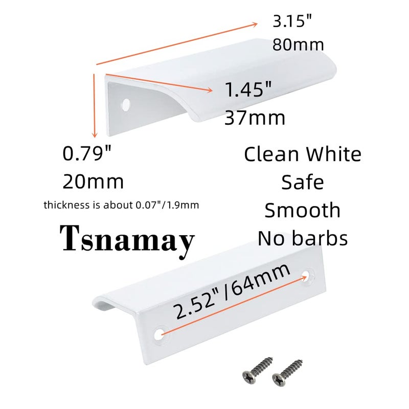 Tsnamay مجموعة تسناماي من 10 قطع، مقابض سطحية بيضاء مقوسة، طولها 3.15 بوصة، مقابض حواف بيضاء، مقابض أدراج أثاث، مقابض خزائن مخفية، قطر الفتحة 2.52 بوصة / 64 مم - Image 2