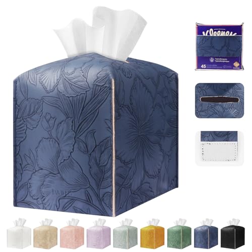 PARIERIS Square Tissue Cube Cover PU Leather Tissue Organizer with Bottom Belt for Bathroom, Tabletop, Kitchen, Night Stands, Office, Home, Car (Oceanblue) - Image 1