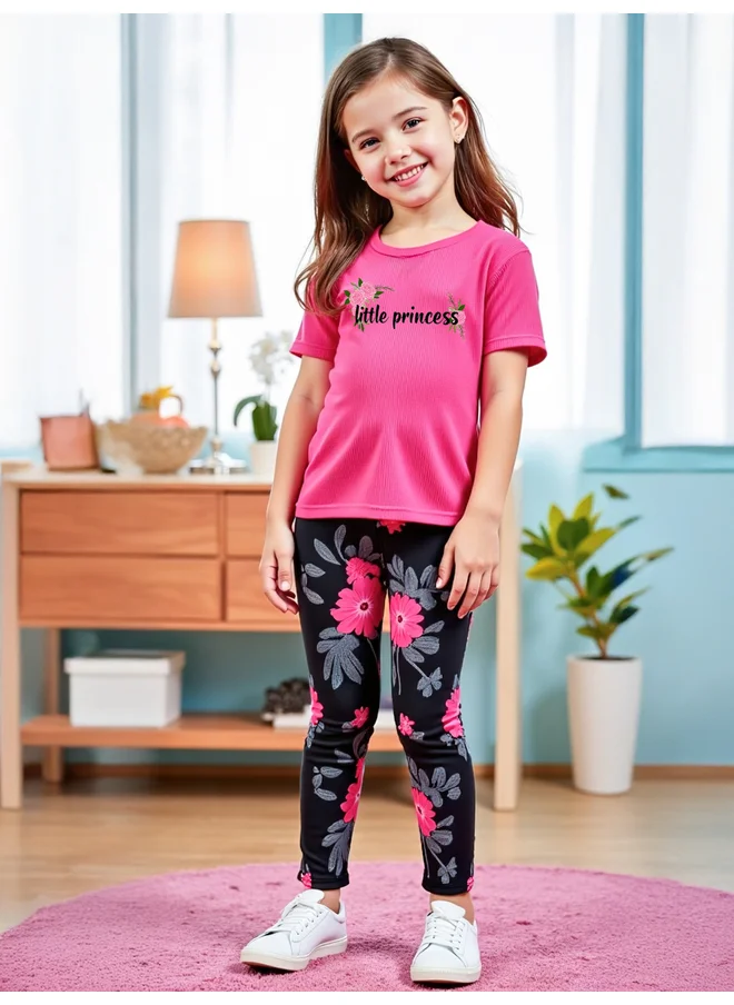 تايك تو Take Two Kids 2pcs Graphic Print Short Sleeve T-Shirt and Flora Print Leggings