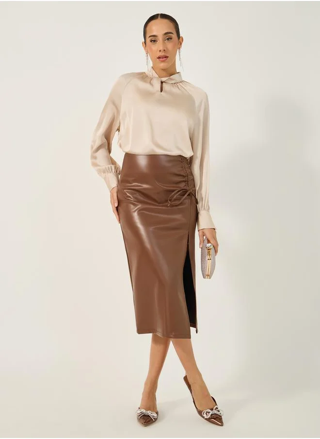 ستايلي Textured Satin Balloon Sleeve Blouse with Button Detail