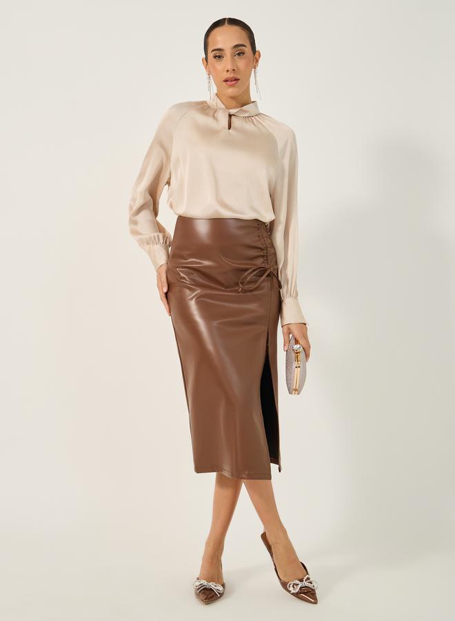 Styli Textured Satin Balloon Sleeve Blouse with Button Detail  - Image 2