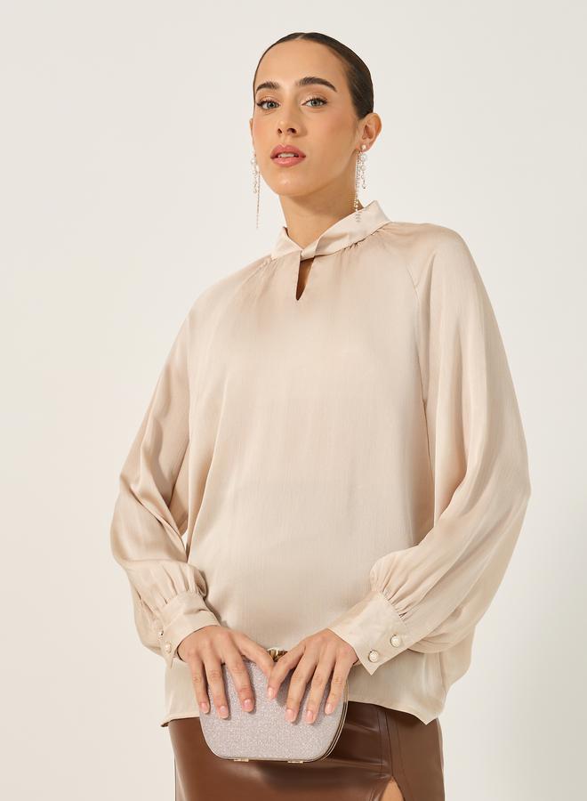 Styli Textured Satin Balloon Sleeve Blouse with Button Detail  - Image 3