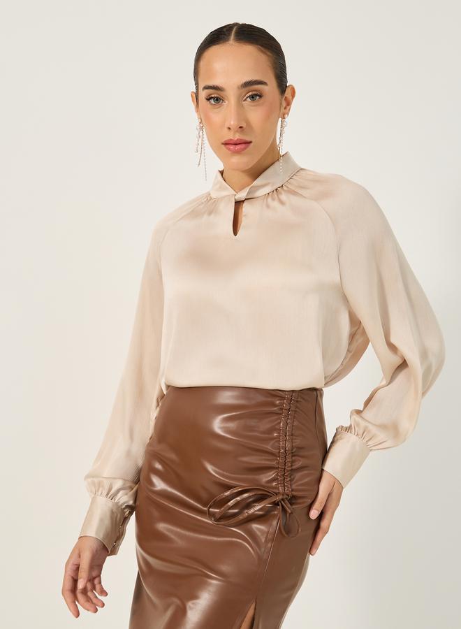 Styli Textured Satin Balloon Sleeve Blouse with Button Detail  - Image 1