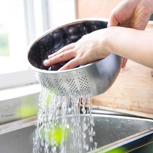 DAYANIDHI Dayanadhi Stainless Steel Rice Washing Bowl | Strainer Basket for Cleaning Vegetables Fruits Beans | Professional Kitchen Strainer | Easy to use Ergonomic Fine Mesh Colander (26-cm 1 Pcs) - Image 2