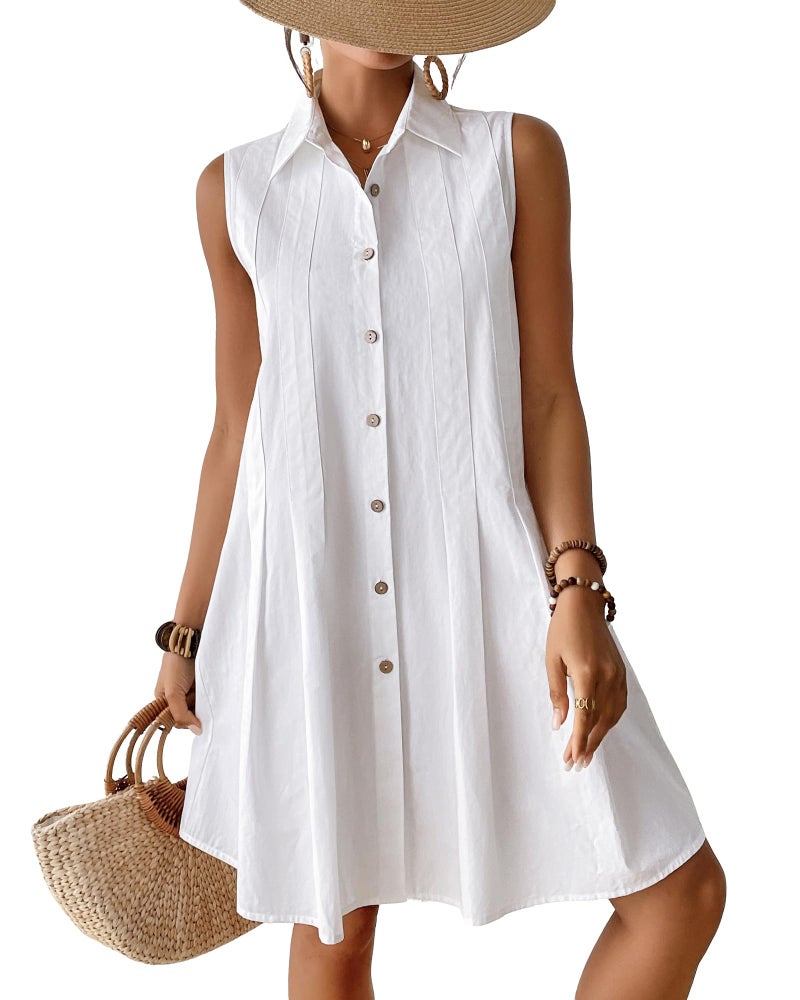 Bsubseach Cotton Beach Cover Up for Women Button Down Sleeveless Shirt Dress Swimsuit Coverup 2026 Summer Mini Dresses White S - Image 1