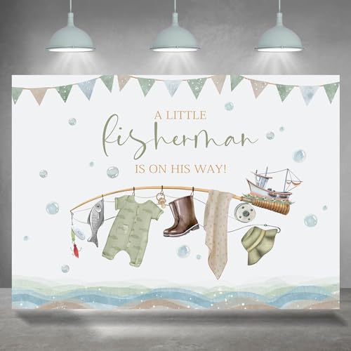 Rsuuinu Fishing Baby Shower Backdrop A Little Fisherman is on His Way Baby Shower Photography Background for Boy Kids Newborn Birthday Party Banner Photo Booth Studio Props Decoration Supplies 7x5ft - Image 1