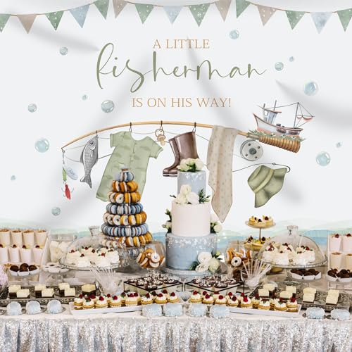Rsuuinu Fishing Baby Shower Backdrop A Little Fisherman is on His Way Baby Shower Photography Background for Boy Kids Newborn Birthday Party Banner Photo Booth Studio Props Decoration Supplies 7x5ft - Image 3