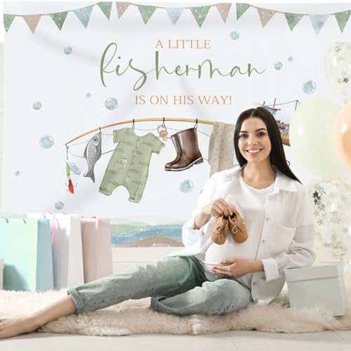 Rsuuinu Fishing Baby Shower Backdrop A Little Fisherman is on His Way Baby Shower Photography Background for Boy Kids Newborn Birthday Party Banner Photo Booth Studio Props Decoration Supplies 7x5ft - Image 2