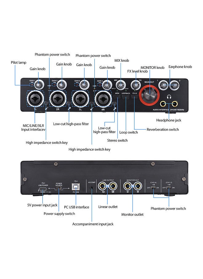 Generic - 4 Channels Recording Sound Card with Driver Free Audio Interface, 4-in 4-out USB Sound Card 24 bit/192khz 48V Phantom Power Supply - Image 1