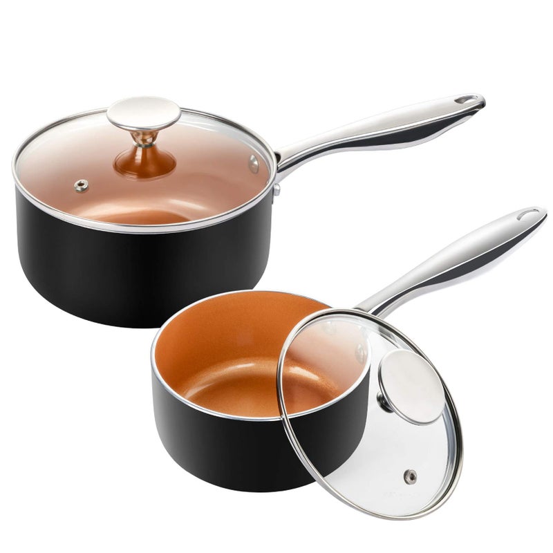 MICHELANGELO Nonstick 1Qt  2Qt Copper Sauce Pan Set with Lid Small Pot with Lid Ceramic Nonstick Saucepan Set Small Sauce Pots