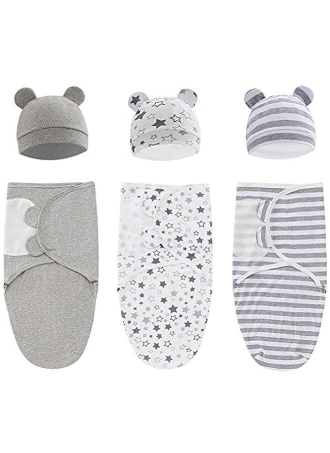 Exemaba - Baby Swaddle Sleep Sack With Hat Set For 03 Months 3Pack Soft Cotton Newborn Wearable Swaddle Wrap For Girls Boys(Grey & Star & Stripe) - Image 1