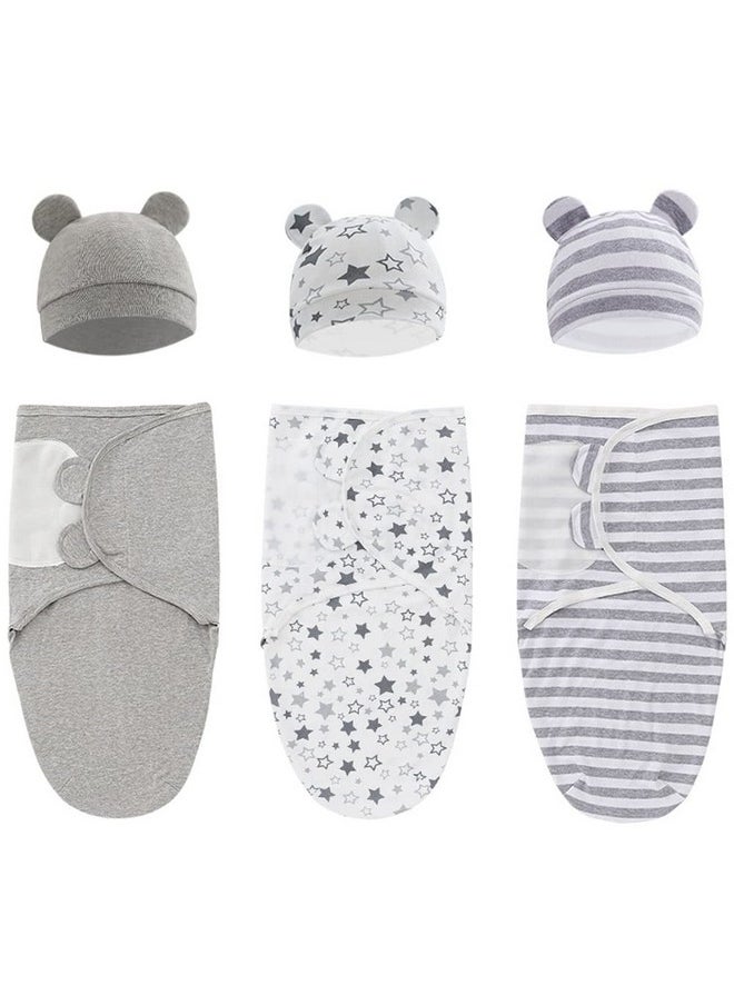 Exemaba - Baby Swaddle Sleep Sack With Hat Set For 03 Months 3Pack Soft Cotton Newborn Wearable Swaddle Wrap For Girls Boys(Grey & Star & Stripe) - Image 1