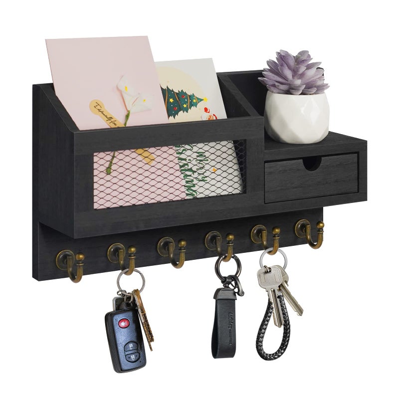 FifthQuarter Key and Mail Holder for Wall Mail Organizer Wall Mount with 6 Hooks and Storage Drawer Easy Installation Key Rack for Entryway and Home Decor BBlack