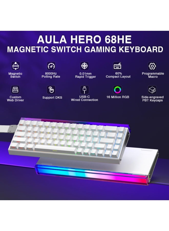 أولا لوحة مفاتيح الألعاب HERO 68 HE، لوحة مفاتيح ميكانيكية سلكية بنسبة 60٪، لوحة مفاتيح بمفتاح مغناطيسي يعمل بتأثير هول مع تشغيل قابل للتعديل ووضع تشغيل سريع - معدل استقصاء 8 كيلو هرتز، زمن انتقال 0.125 مللي ثانية، أغطية مفاتيح PBT مطبوعة على الجانب، إضاءة خلفية RGB لأجهزة الكمبيوتر/ماك للألعاب - Image 2