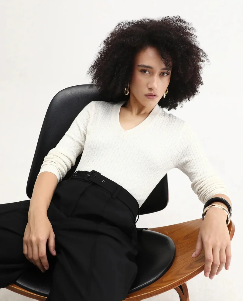 Rareism Women's Cable Knit V-Neck Top