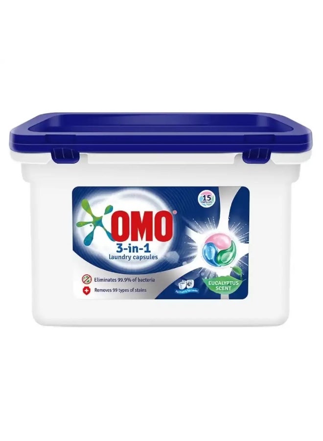 Omo 3 in 1 Laundry Capsule With Eucalyptus Scent For Front And Top Loader, Removes 99 Types Of Stains- 15pcs - Image 1