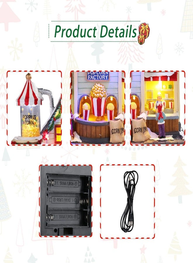 Chonsun Christmas Village 8.7 Inch Popcorn Shop with LED Lights Resin Village Houses Holiday Music with USB/3AA Batteries Rendering Atmosphere Christmas Decorations - Image 3